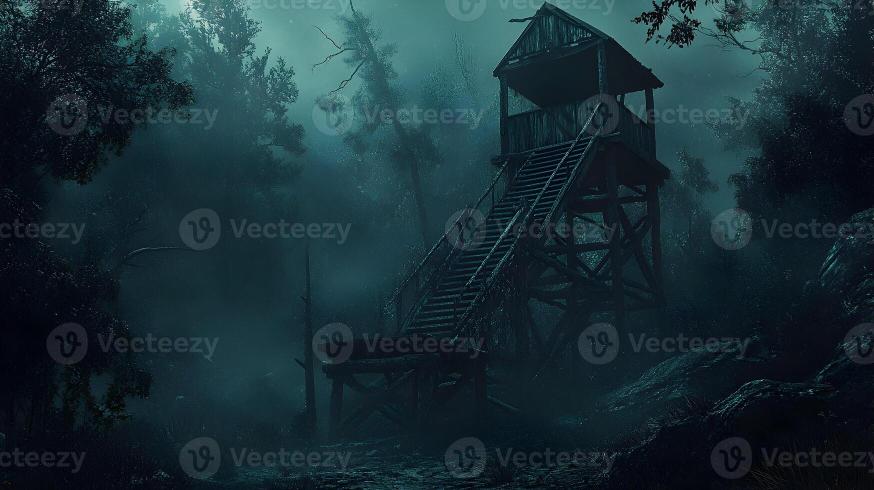 Ominous watchtower shrouded in mist stands guard over a sinister forest landscape scene photo