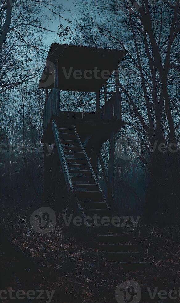 Eerie watchtower shrouded in mystery deep within a shadowed forest under a dusky sky photo