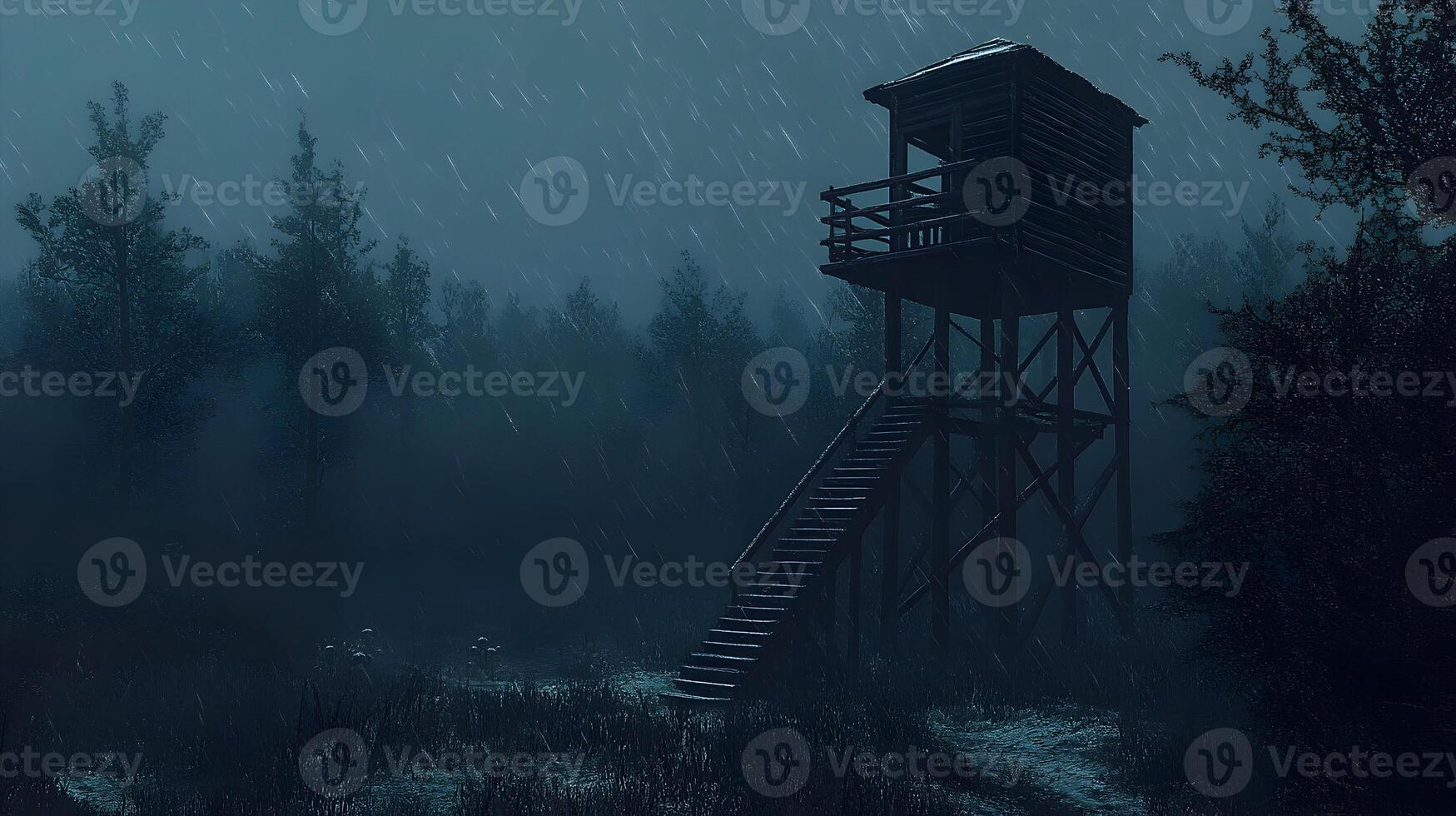 Ominous hunting stand shrouded in rain in a dark forest a scene invoking mystery and unease photo
