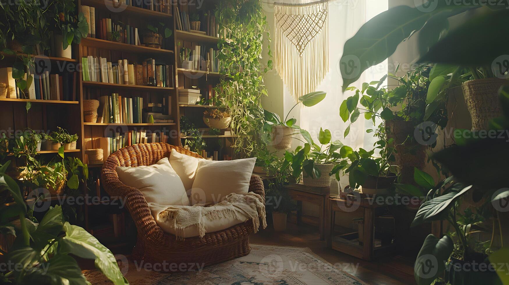 Serene indoor garden space with bohemian touch and plenty of light for relaxation photo