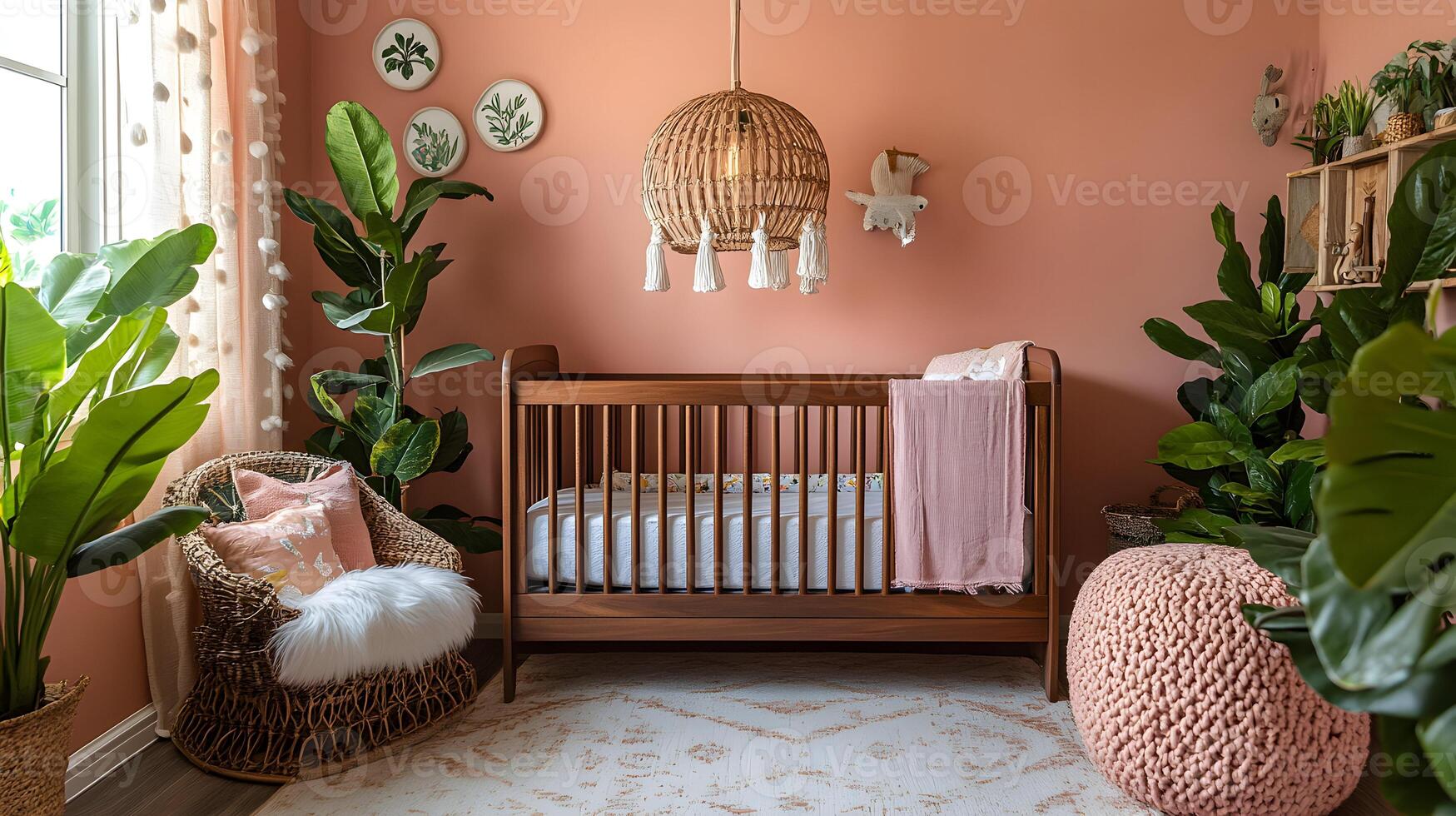 Cozy nursery room featuring a wooden crib, rattan accents, and lush green plants, boho chic design photo