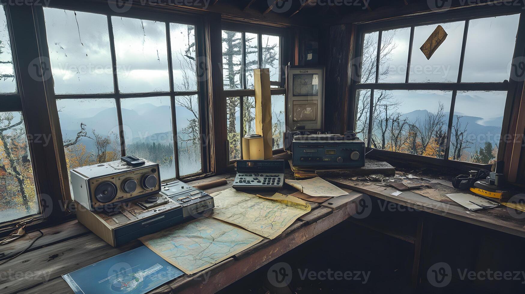 Forgotten outpost with vintage communication devices overlooking a misty mountain landscape photo