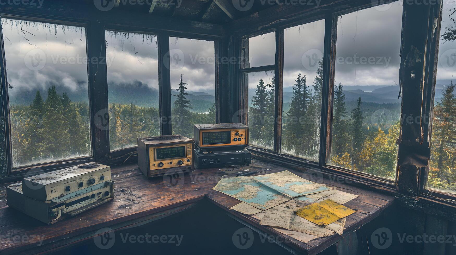 Eerie abandoned lookout post with aged equipment and forest view evokes isolation mood photo