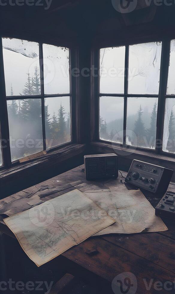 Atmospheric interior of an abandoned station with fog-shrouded view and vintage equipment photo