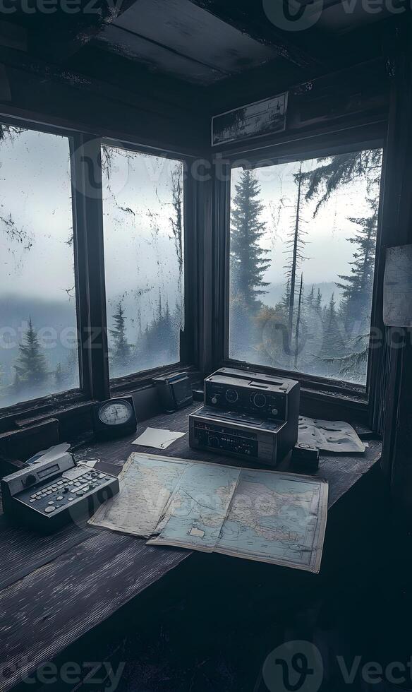 Overlook station interior depicting a remote forest scene and vintage communications equipment photo