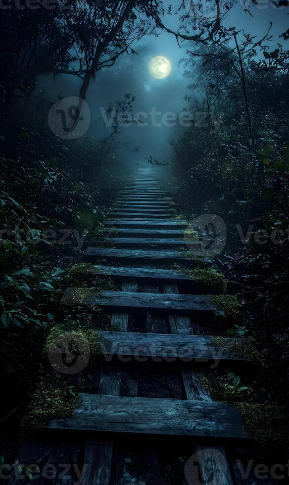 Eerie moonlit stairway ascends through shadowy forest, shrouded in enigmatic mist evoking unease photo