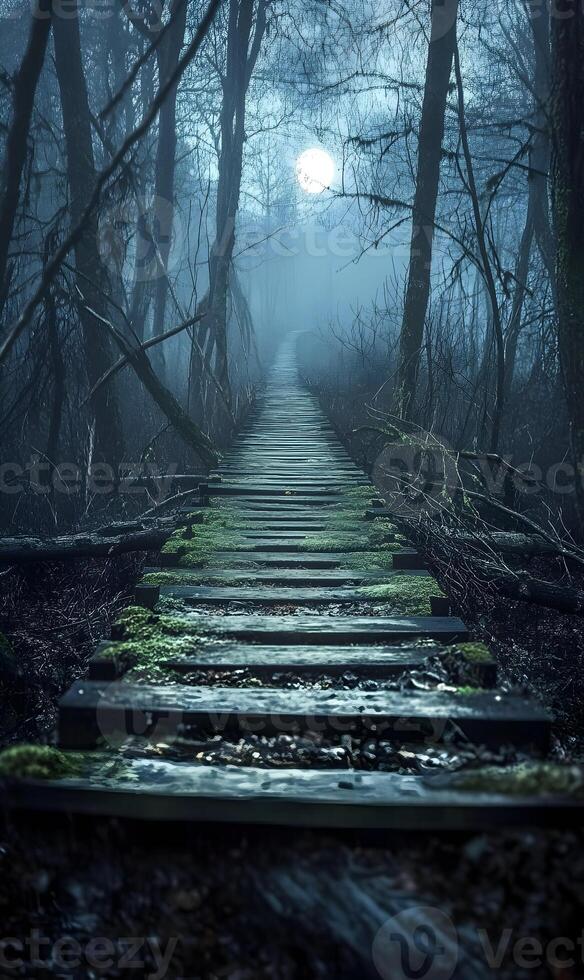 An eerie wooden path disappears into the foggy depths of the forest under a spectral moon glow photo