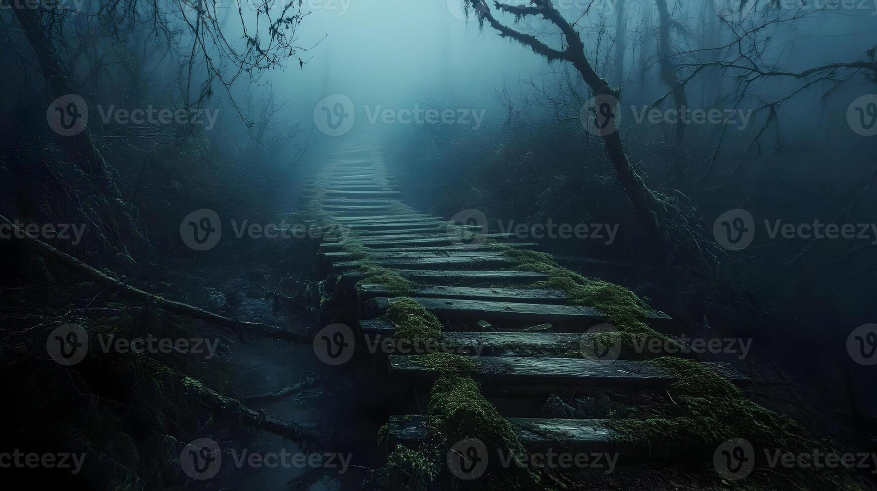Mystical pathway amidst dense forest covered in mist, evoking feelings of suspense, eerie, and unsettling photo