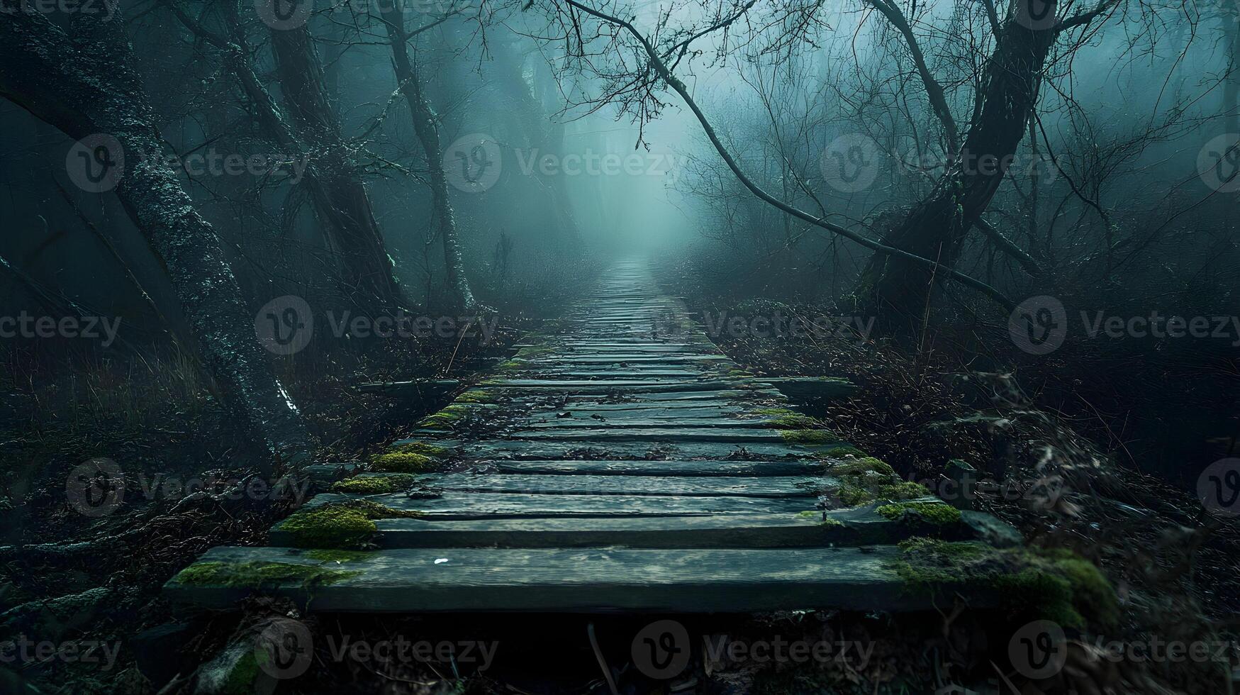 Eerie boardwalk through shadowy, mist-filled woodlands evokes a sense of ominous mystery photo