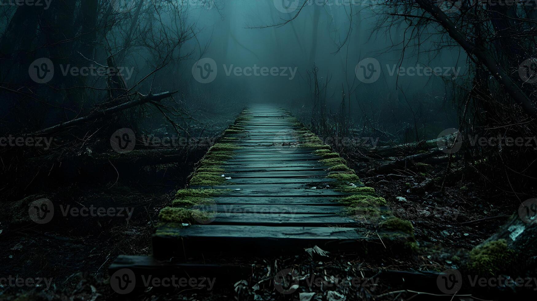 Eerie passage through a haunted marsh landscape, a chilling trek across old wooden planks photo
