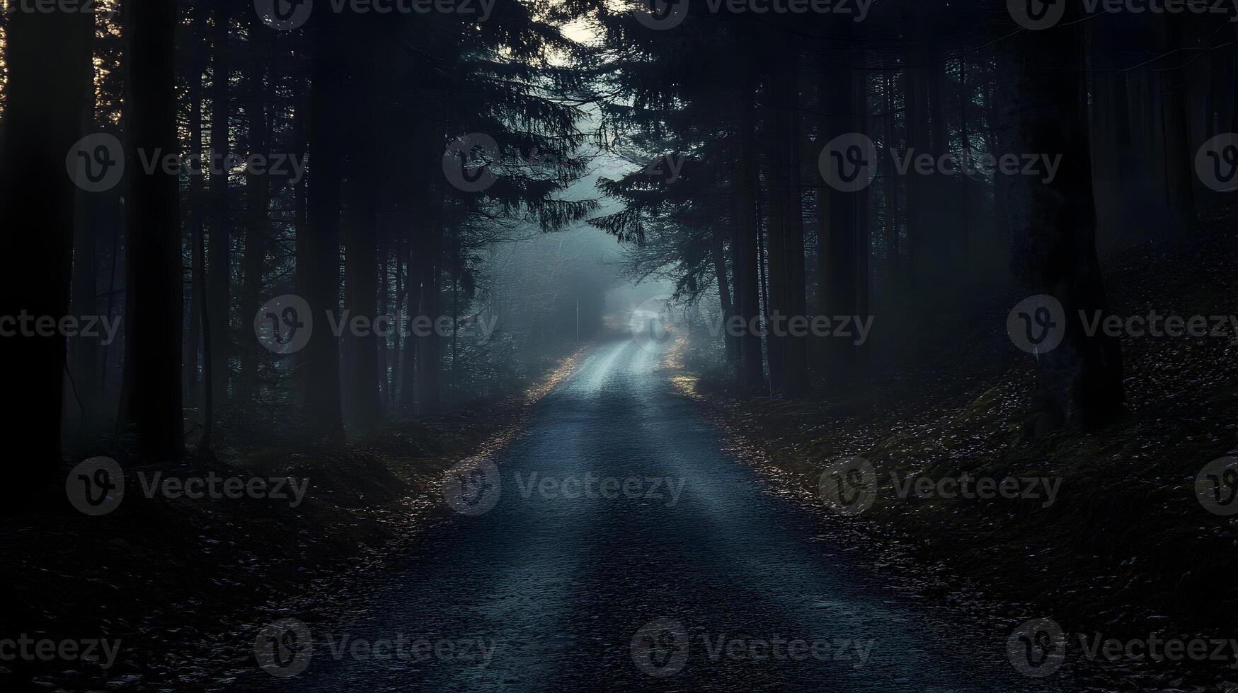 Eerie pathway through the shadowy woods, mysterious atmosphere and foreboding woodland road photo