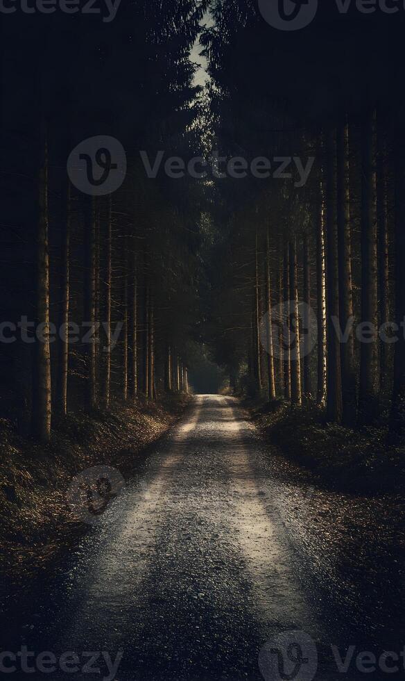 Eerie pathway disappearing into a dark forest, evoking mystery and suspense in nature scene photo