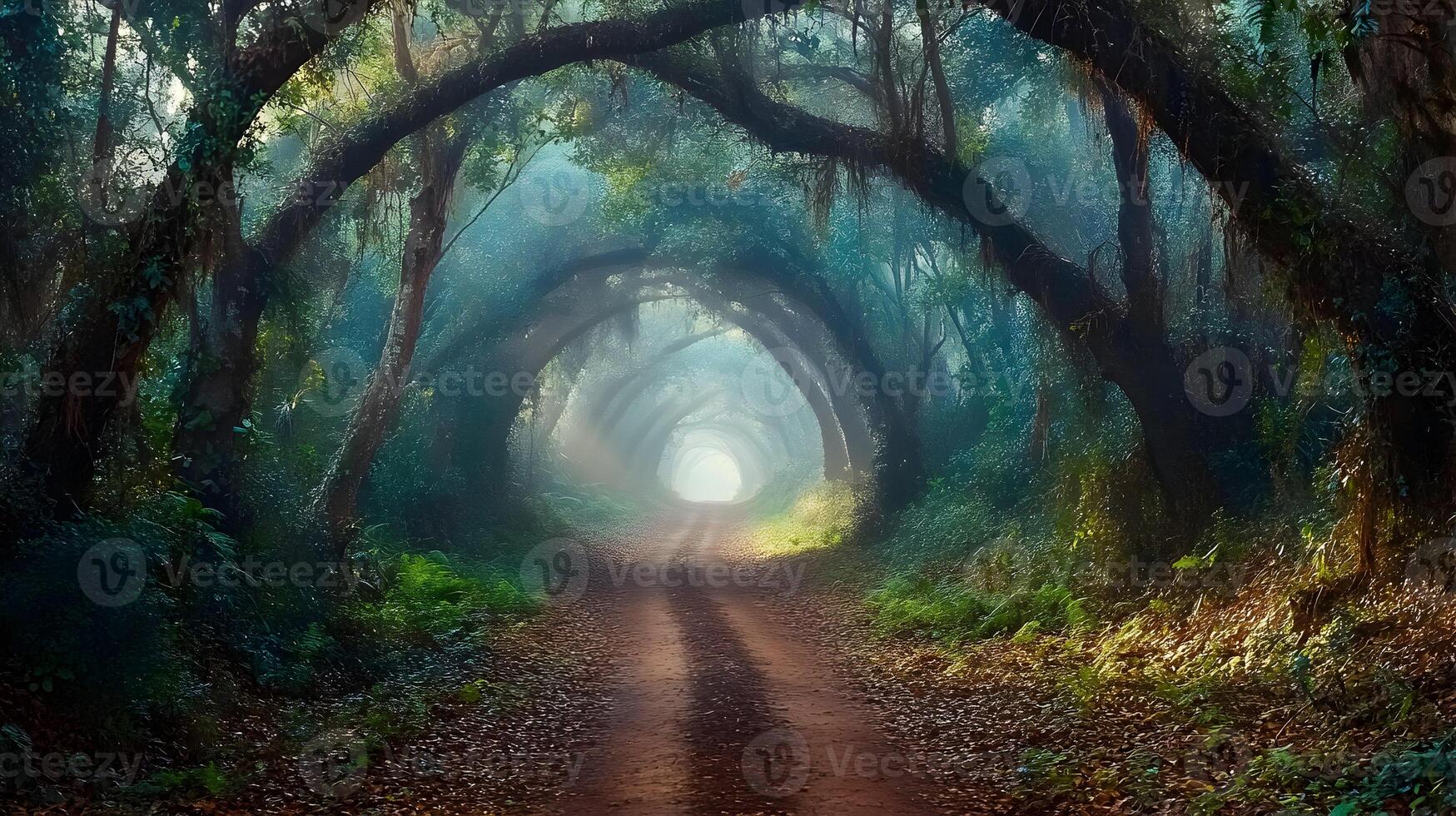 Enigmatic path through the arches of ancient trees under a veil of eerie mist sunlight photo