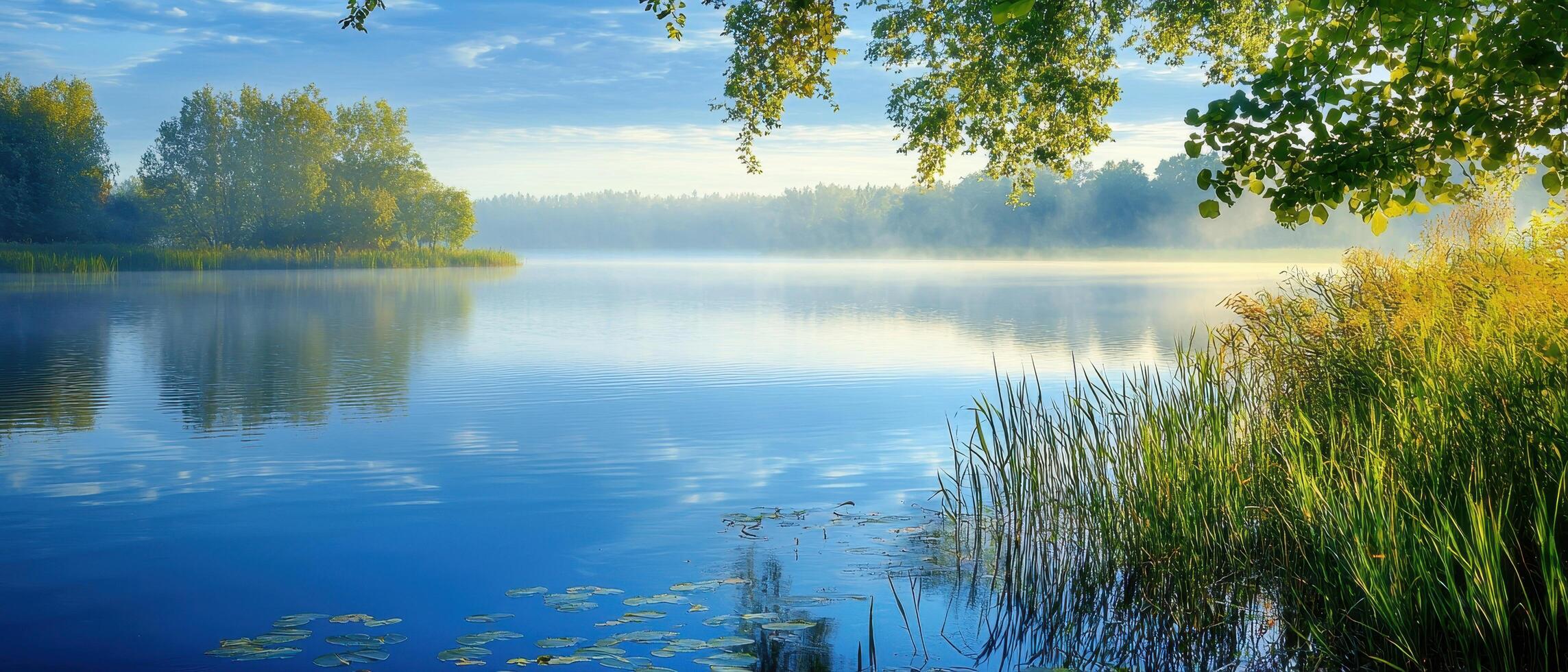 Tranquil morning reflections serene lake nature photography misty environment wide angle calm waters photo