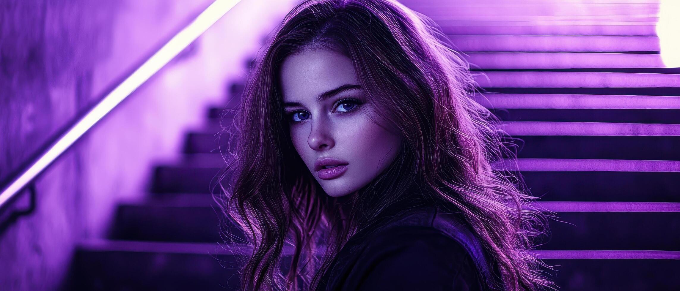woman portrait in purple tones urban setting photography nighttime close-up artistic expression photo