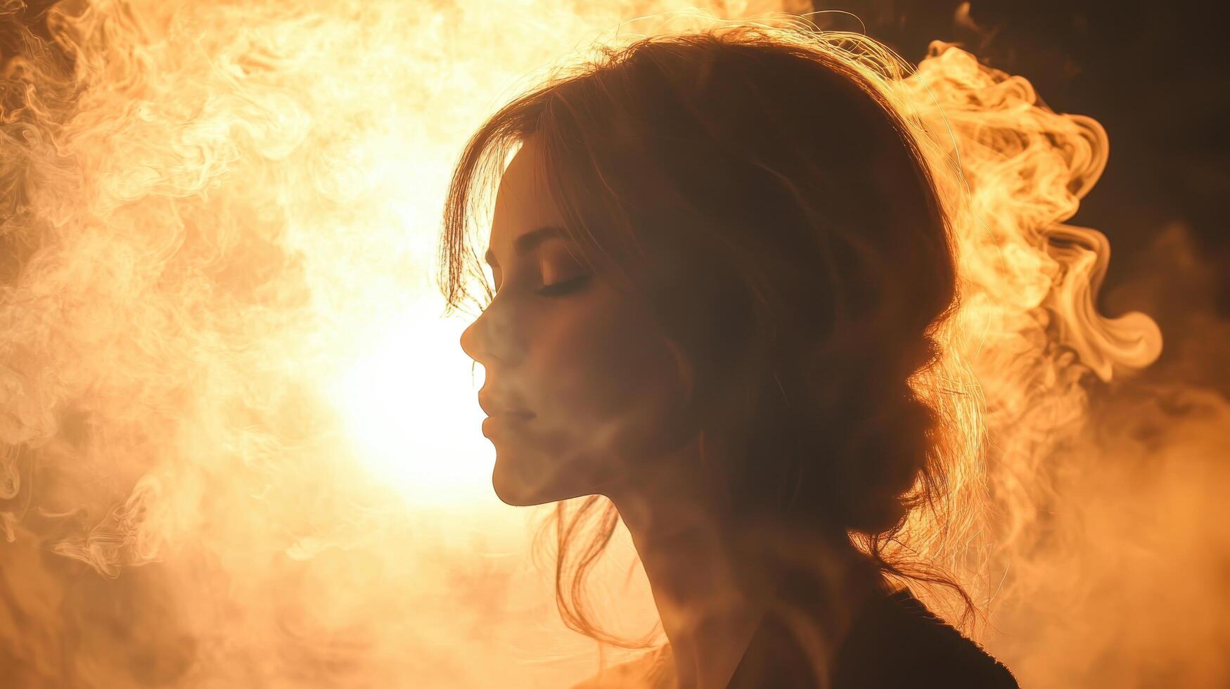 Ethereal woman silhouette surrounded by smoke dramatic lighting artistic photography studio setting profile view conceptual imagery photo