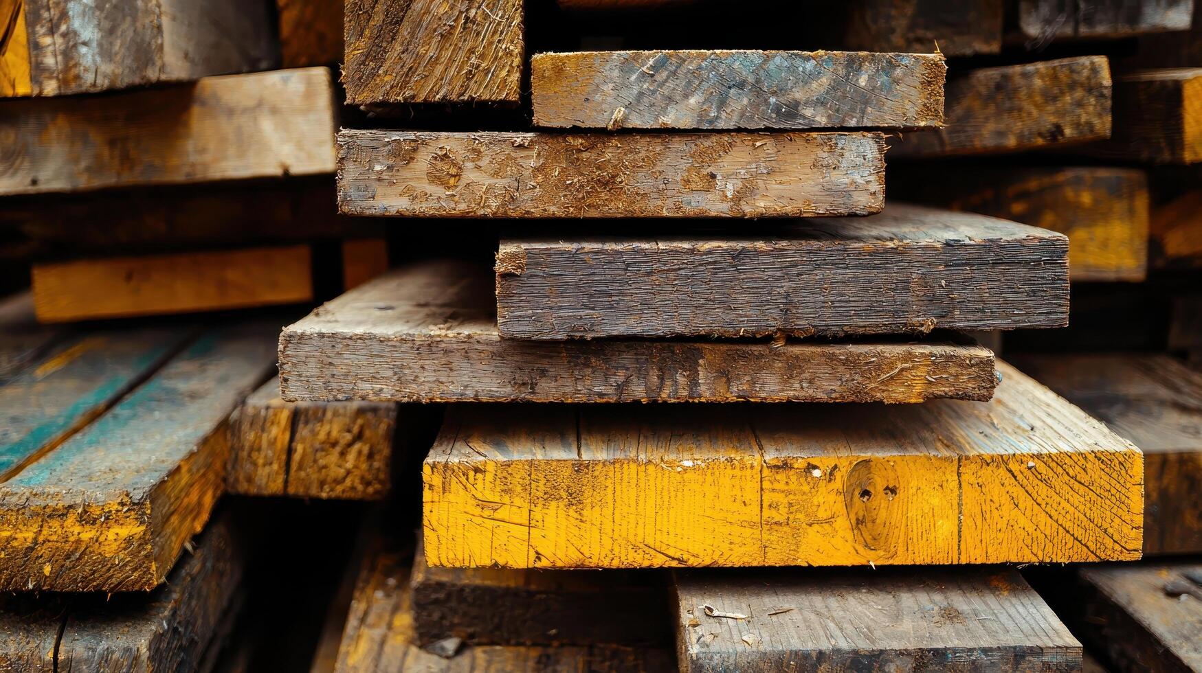 Wooden plank stacking process construction site photography industrial environment close-up view material handling concept photo