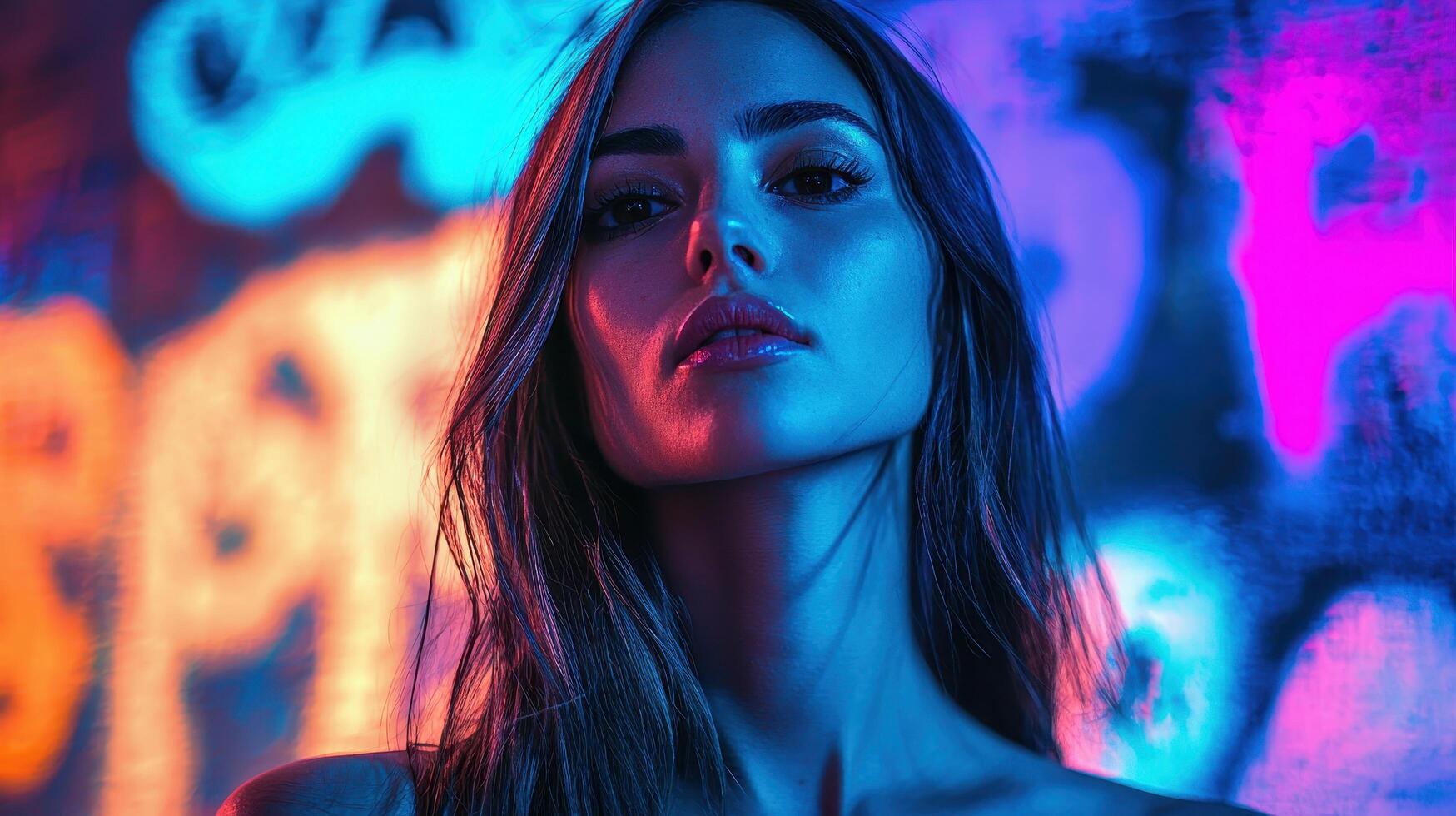 Neon glow portrait of a woman urban setting digital art vibrant background close-up modern aesthetic photo