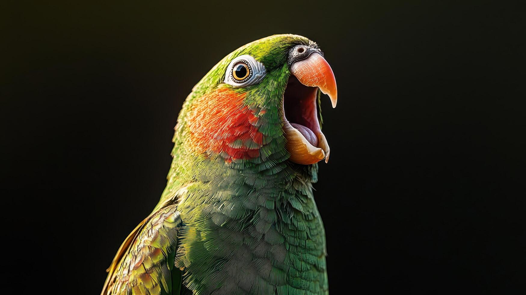 Parakeet in full squawk captured in nature bird photography vibrant environment close-up perspective expressive moment photo