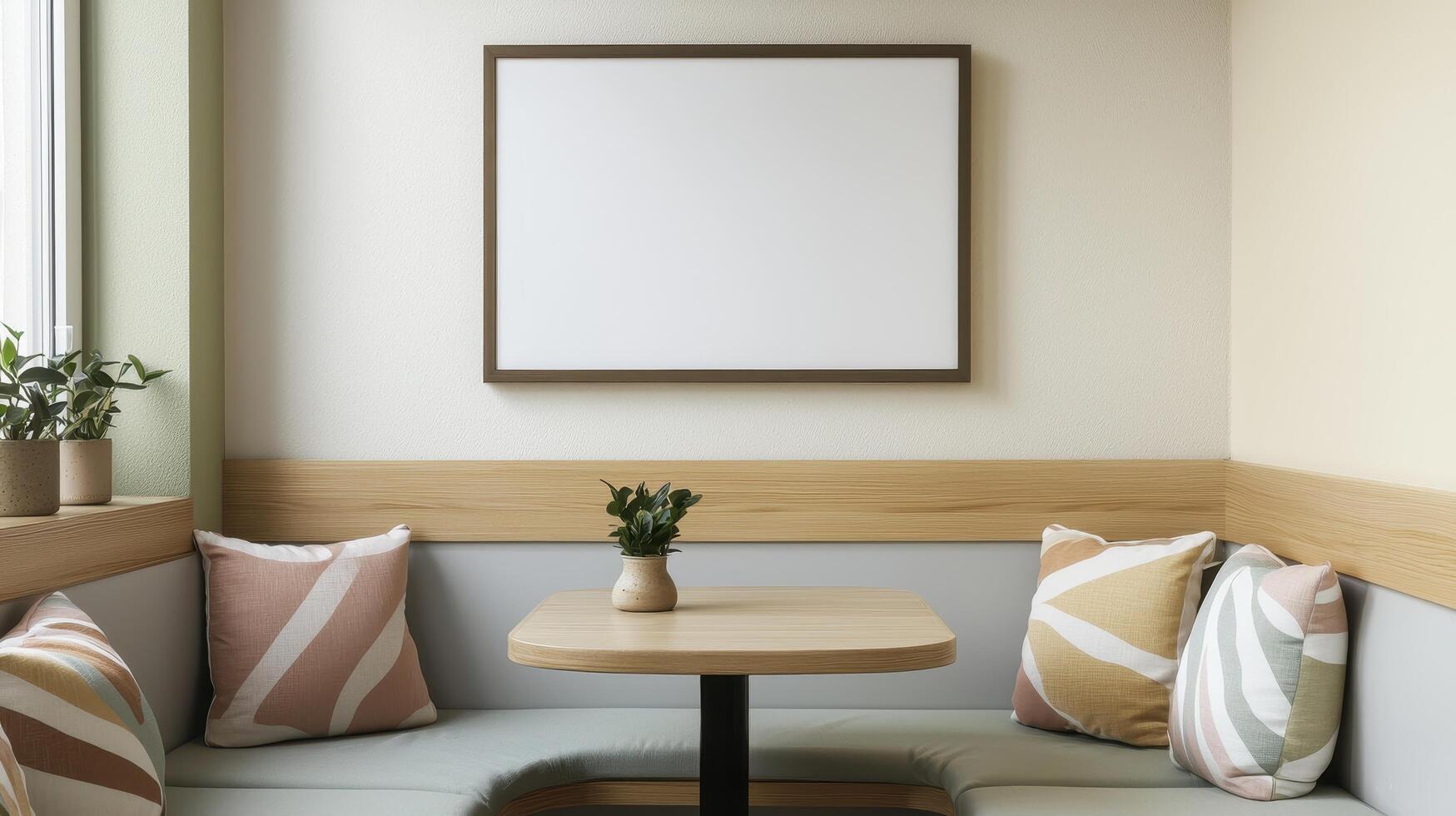 Create a cozy corner with a blank frame urban apartment interior bright atmosphere for relaxation and inviting viewpoints photo