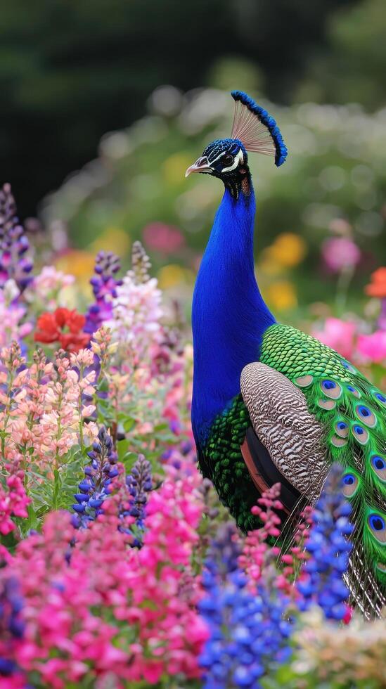 Vibrant peacock displaying splendid feathers amidst colorful wildflowers nature setting close-up view wildlife concept photo