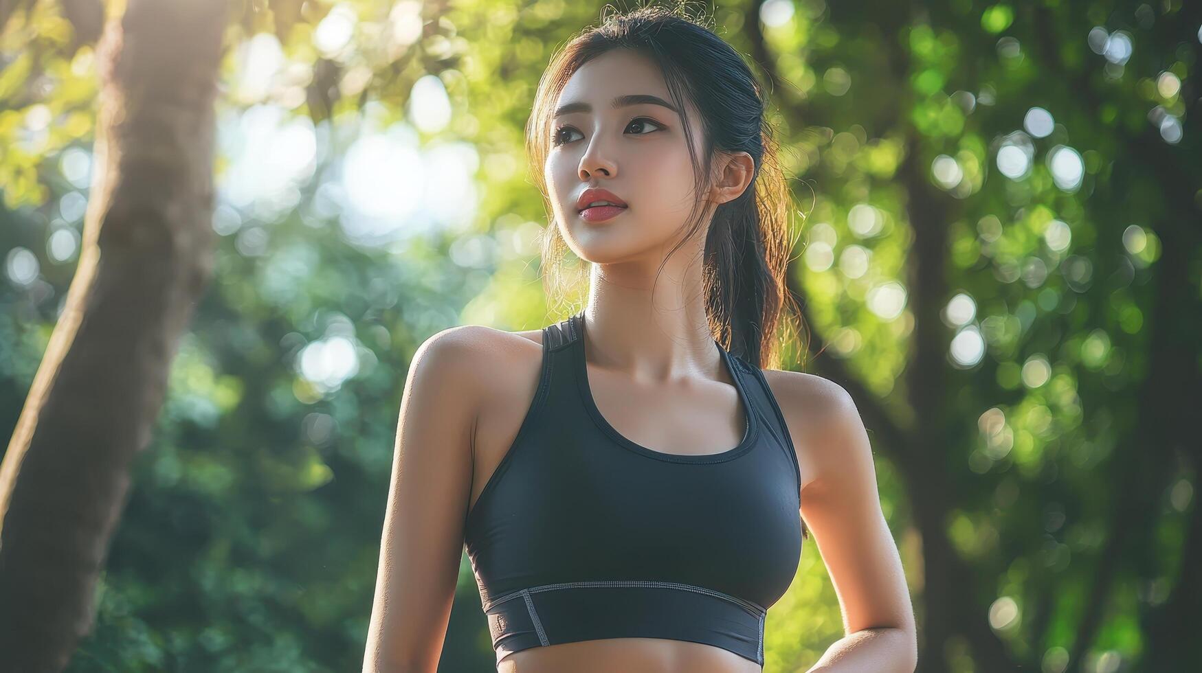 Young asian woman in sportswear engaging in fitness activities at a park nature-focused lifestyle photography photo