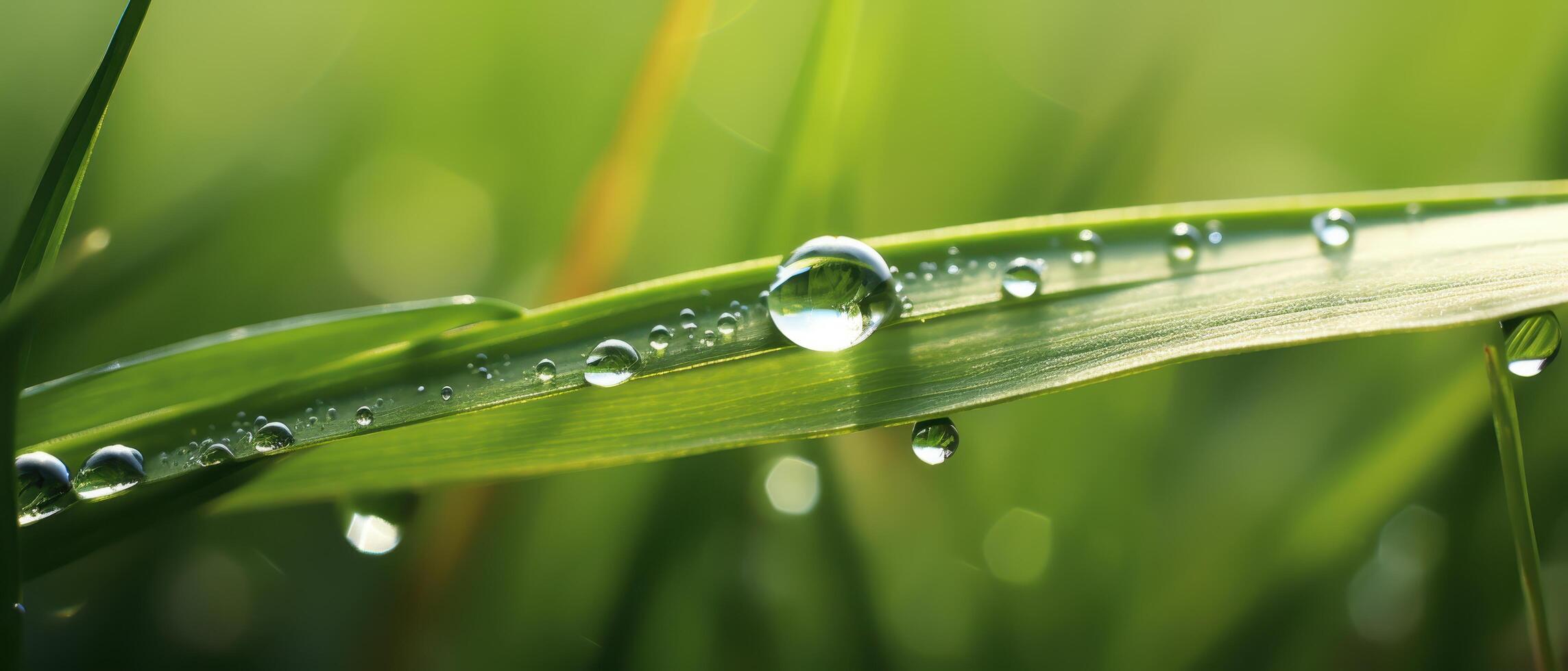 Dewdrop glimmering on grass blade nature close-up fresh environment macro view serenity concept photo