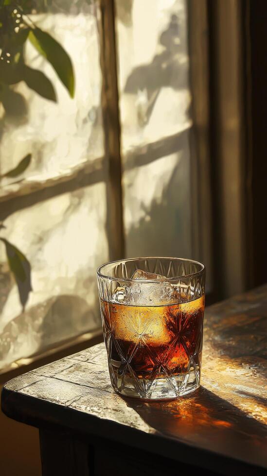 Refreshing cola with ice in a vintage glass natural light setting artistic photography photo