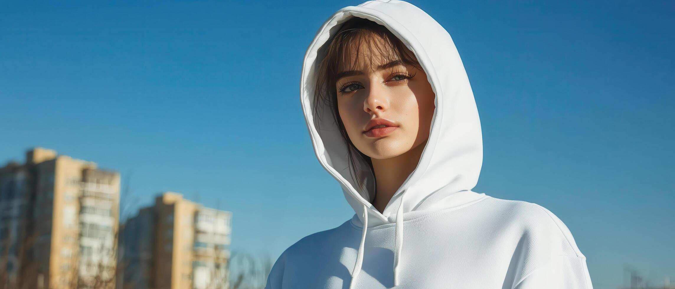 Young woman in white hoodie at outdoors with urban background, copy space photo