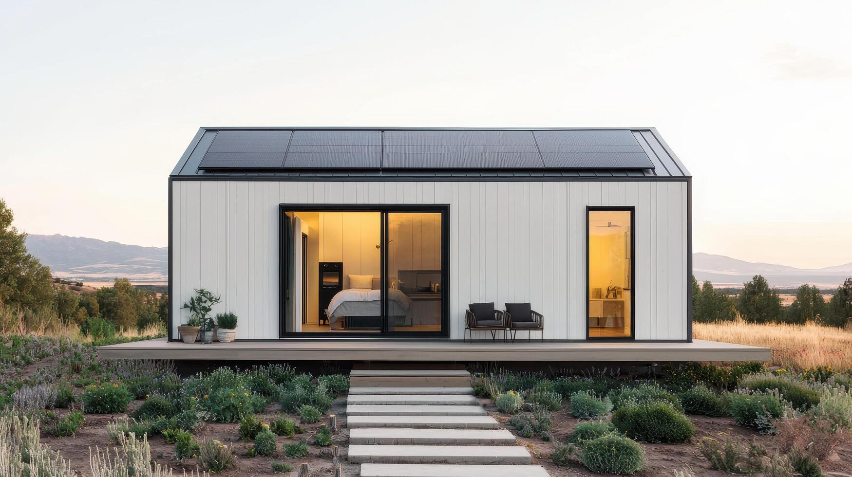 Eco-friendly compact microhome design modern architecture sustainable living outdoor environment wide angle view photo