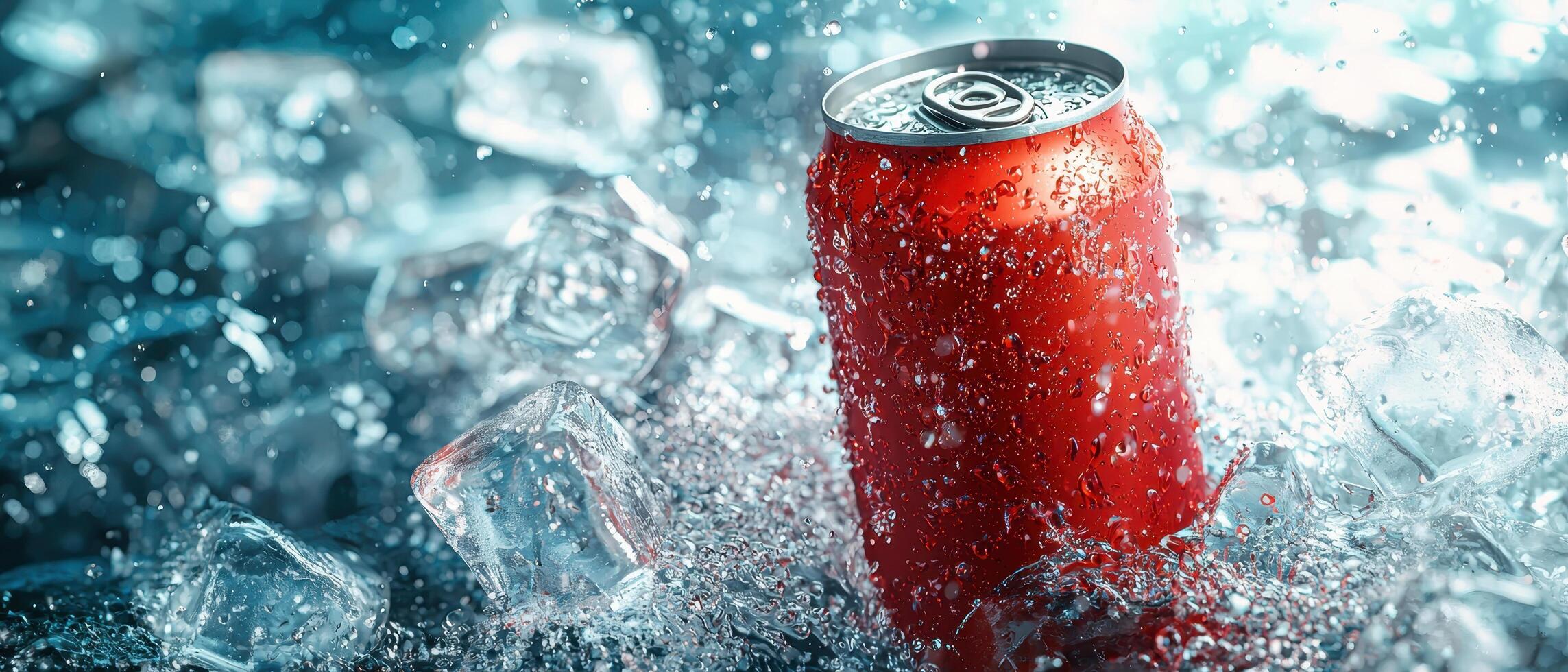 Refreshing cola can surrounded by ice outdoor setting beverage photography vibrant atmosphere close-up view refreshment concept photo