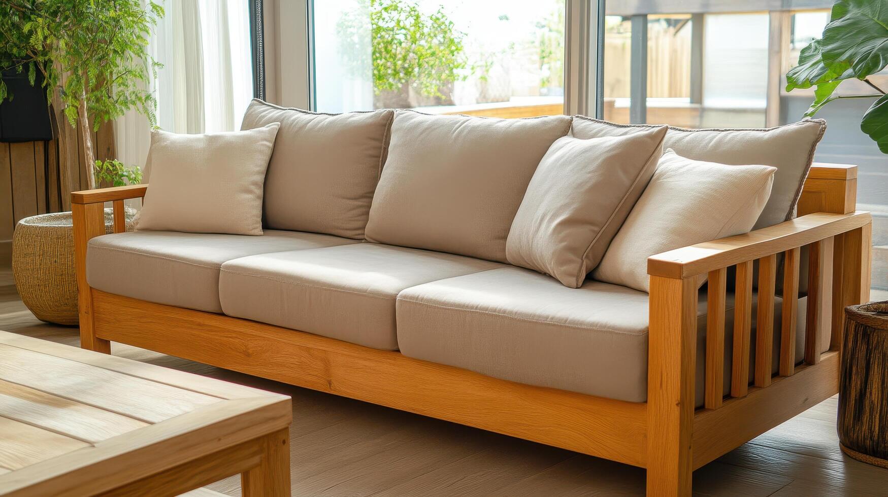 Relaxing cozy wooden sofa with light beige cushions modern living room furniture indoor eye-level comfort concept photo