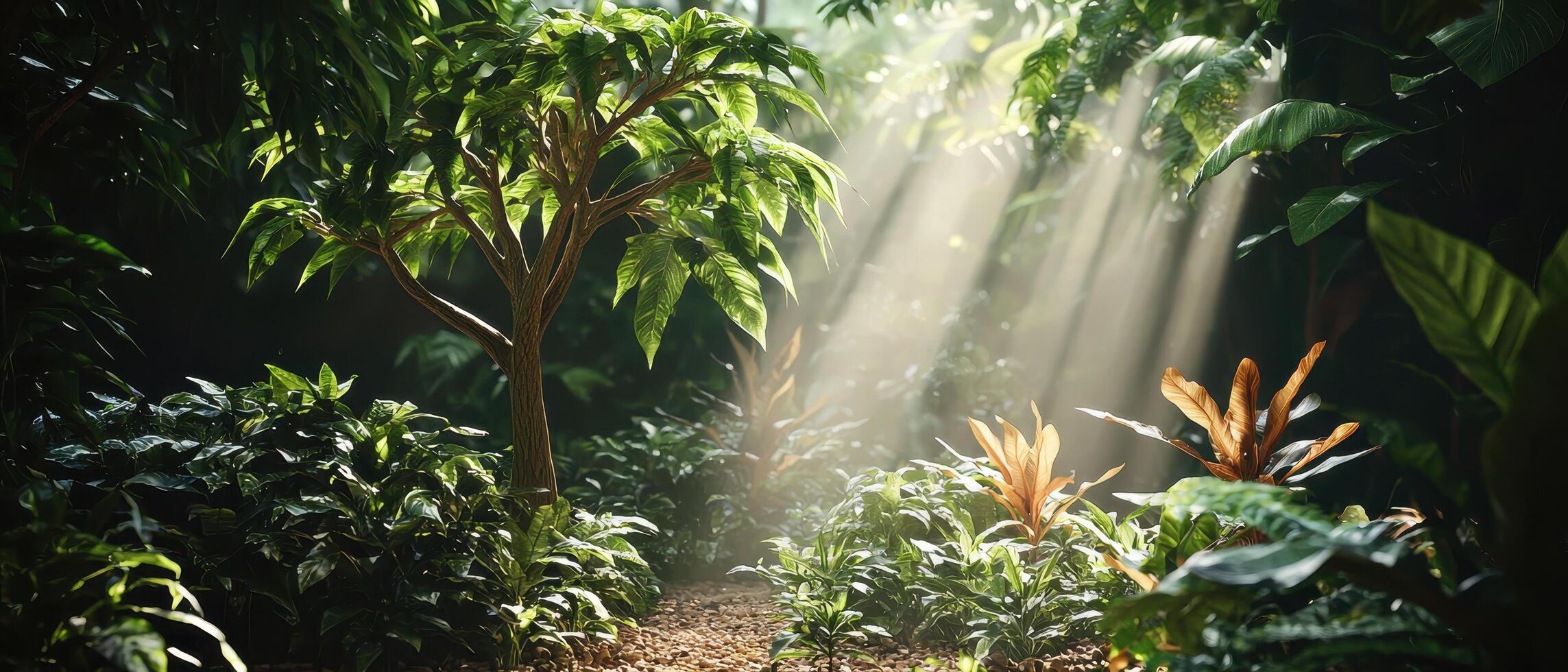 Cocoa tree growth event in a tranquil forest scene nature content lush environment with sunlight beams photo