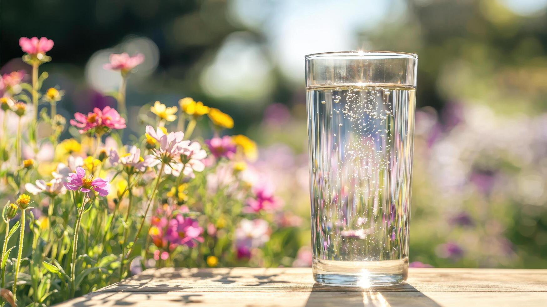 Refreshing glass of water on wooden table surrounded by colorful flowers in a serene garden setting photo
