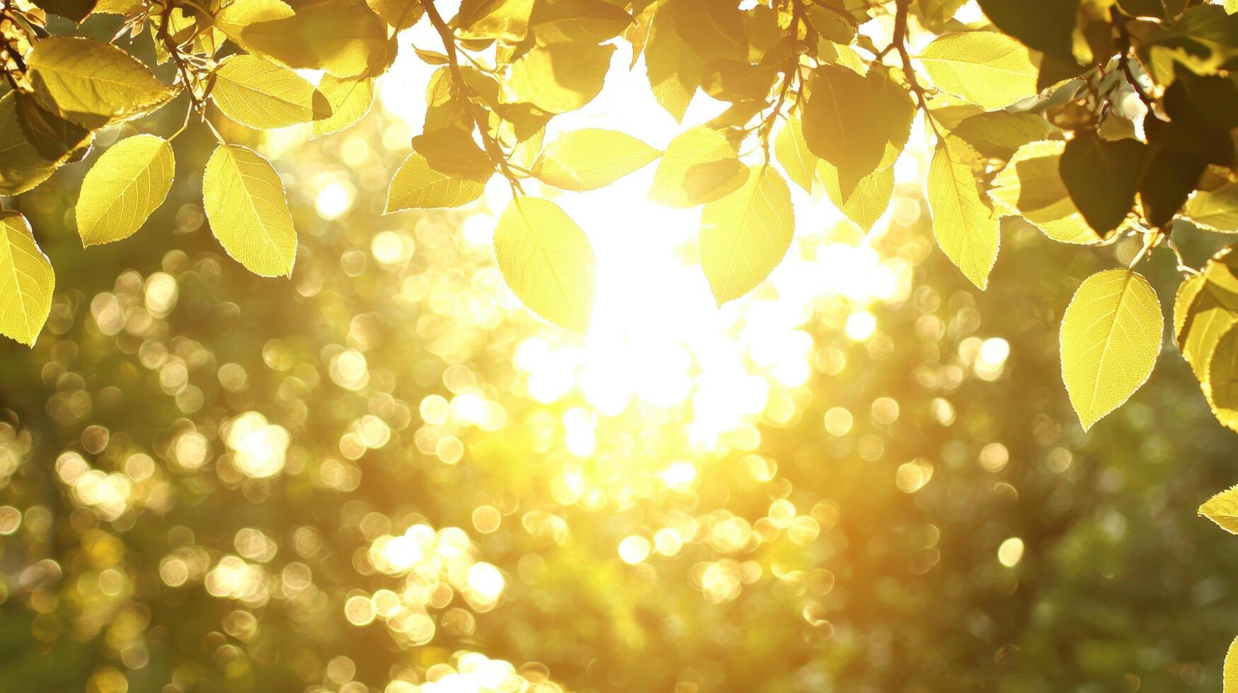 Golden sunlight filtering through green leaves in a lush forest nature photography vibrant background photo