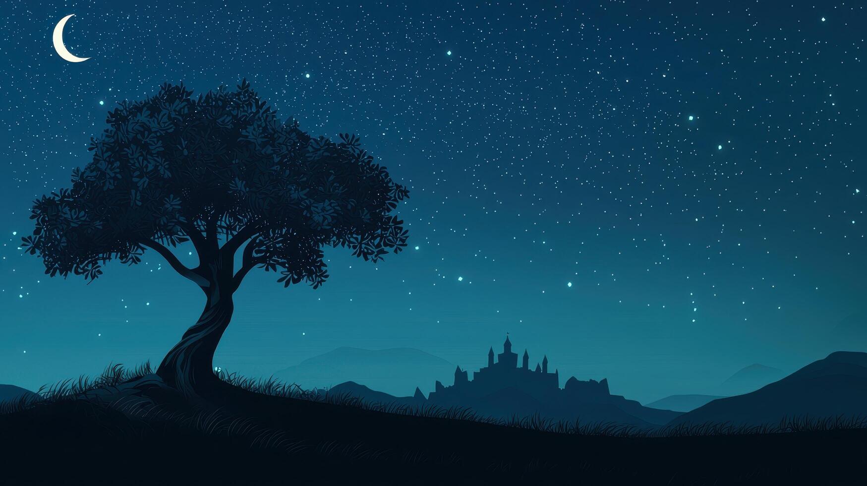 Starry night tree silhouette with crescent moon serene landscape digital artwork tranquil environment side view ramadan inspiration photo