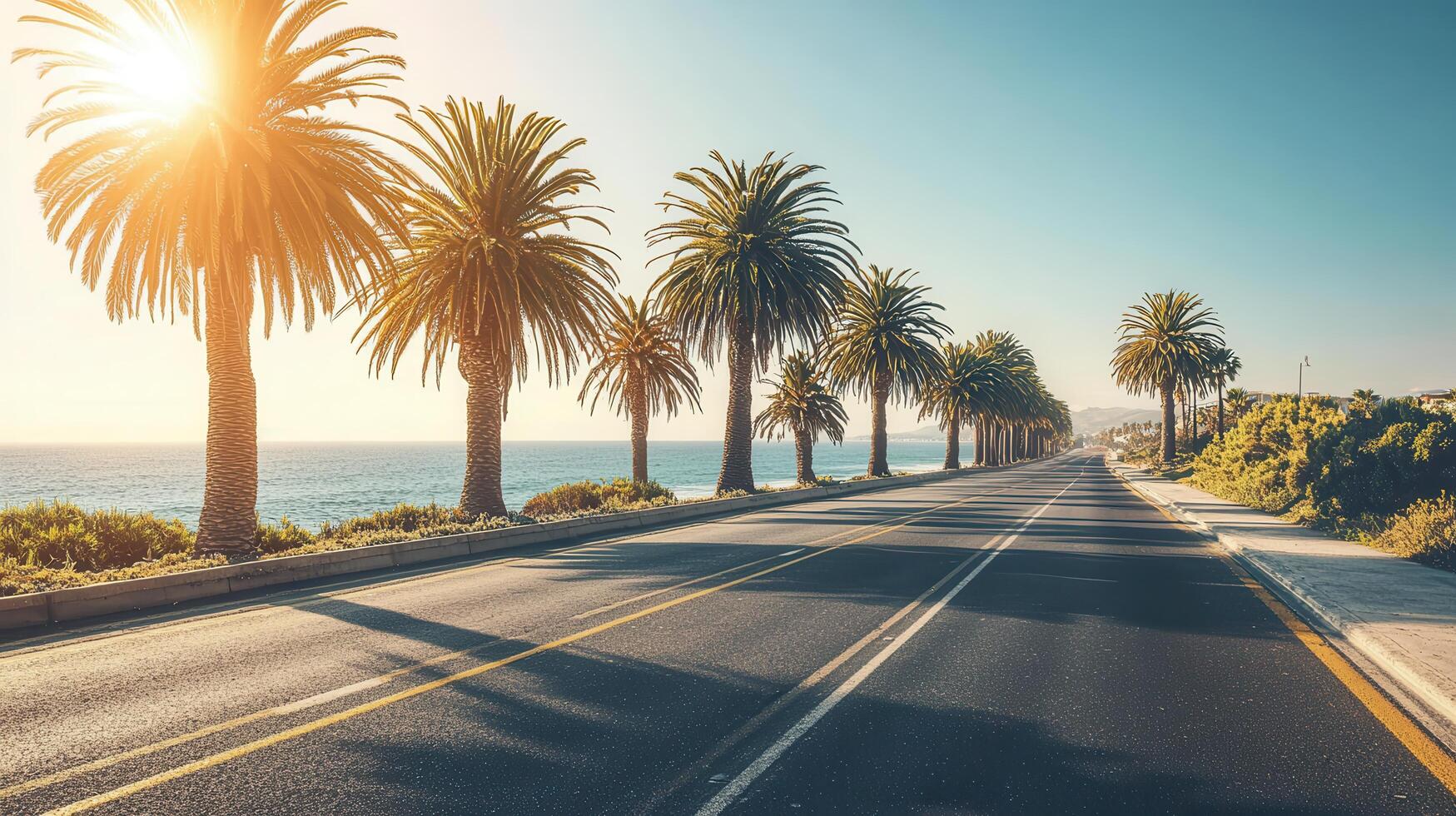 Serene coastal drive along palm-lined road california scenic landscape warm evening light tranquil atmosphere photo