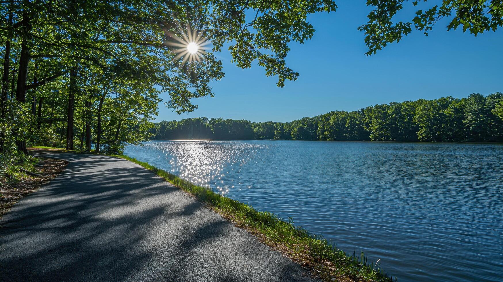 Scenic lakeside road view clear blue sky sunlight nature photography serene environment peaceful atmosphere photo