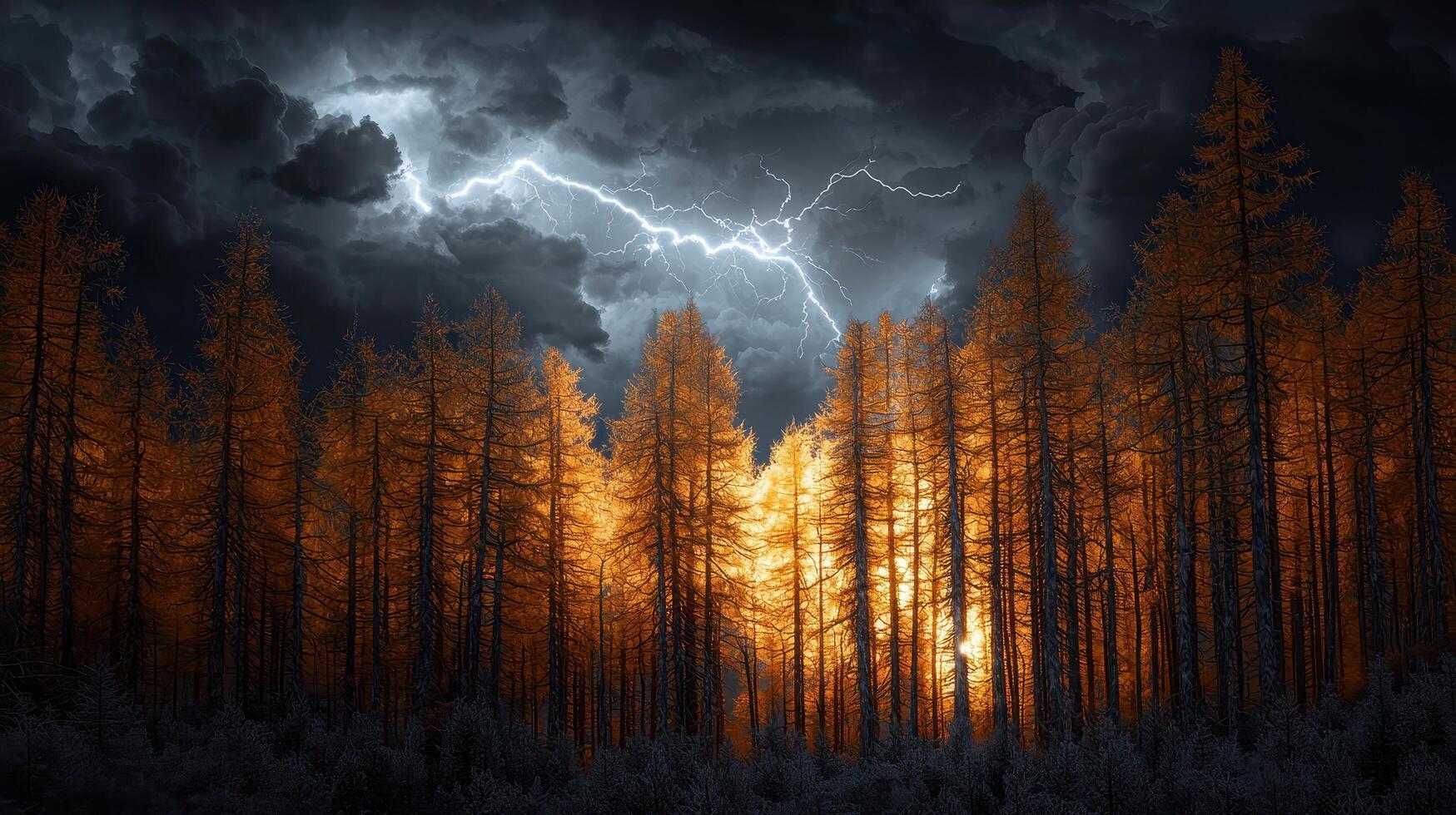 Dramatic lightning strikes illuminated forest scene nature landscape ethereal atmosphere nighttime viewpoint photo
