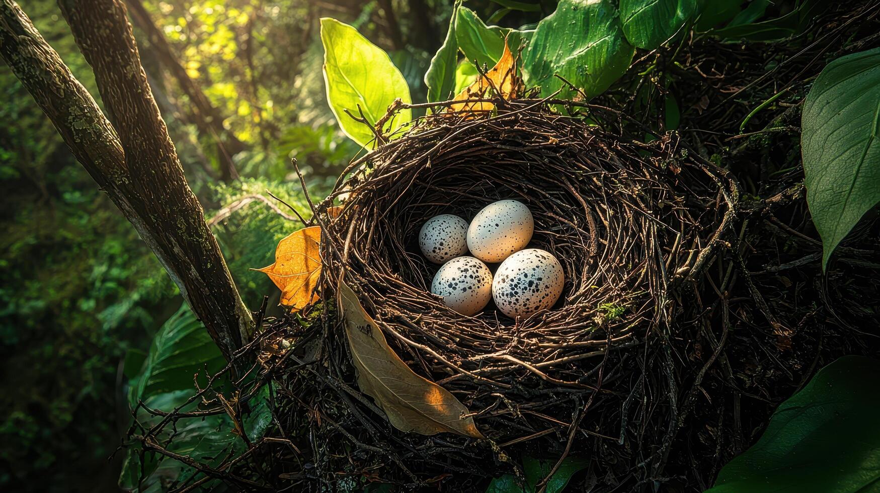 Overhead view of a bird's nest with eggs natural setting photography bright environment nature concept photo