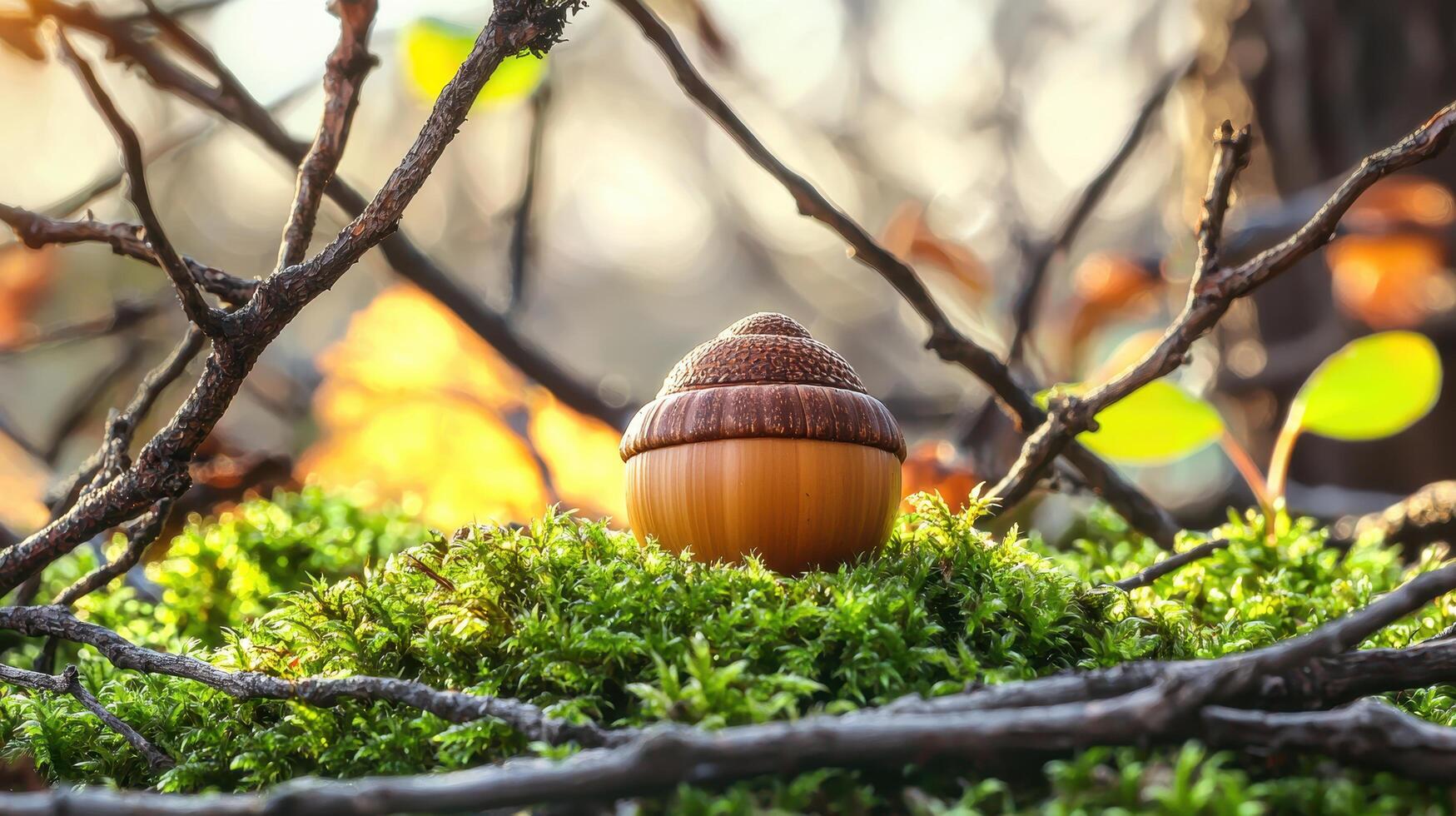 Closeup of a brown acorn on lush green moss in a natural forest setting photo