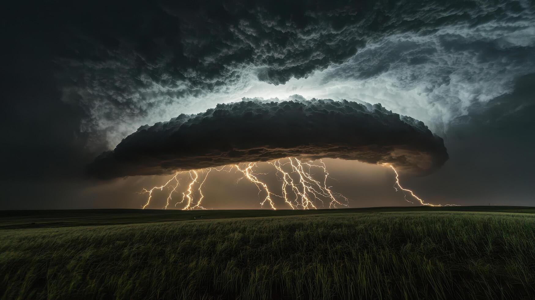 Dramatic lightning strikes illuminate stormy night sky over open landscape nature photography dynamic weather scene photo