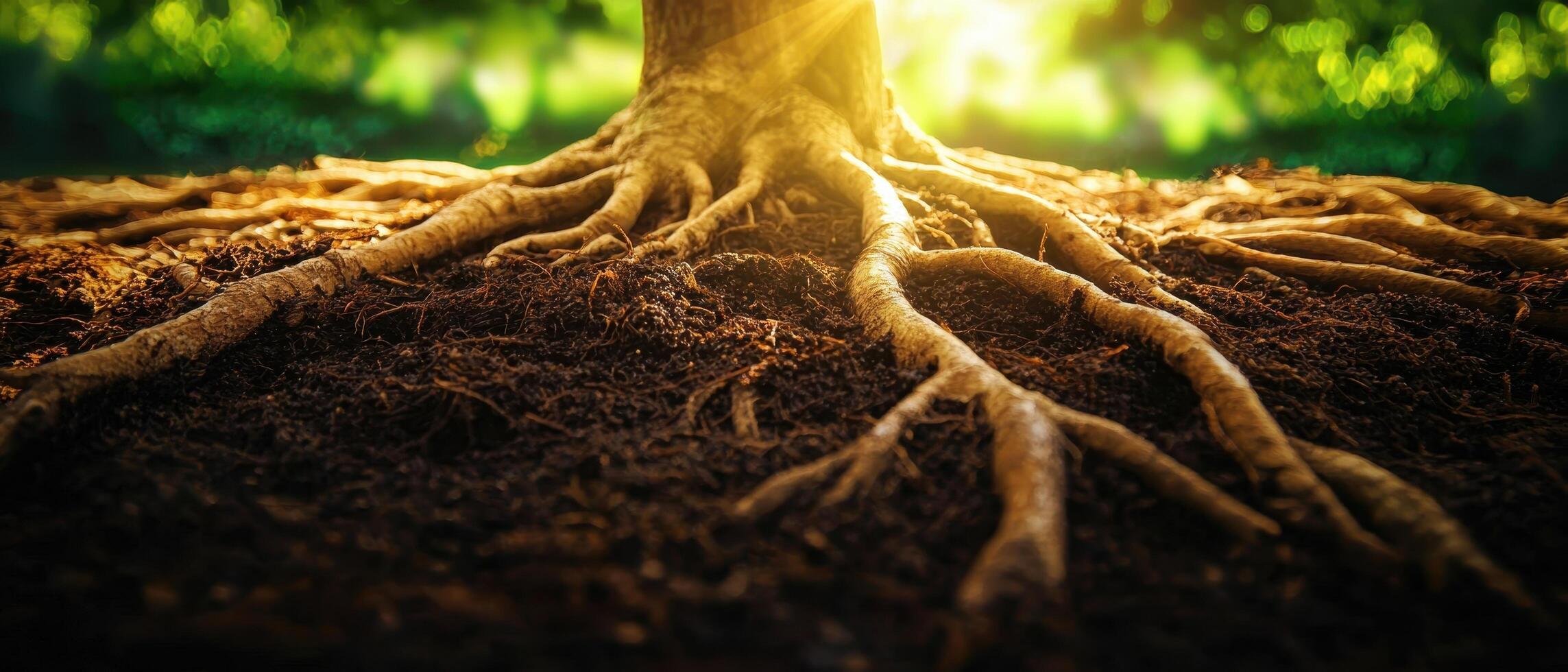 Intertwined roots of a tree in moist soil nature macro photography lush green environment ground level perspective photo