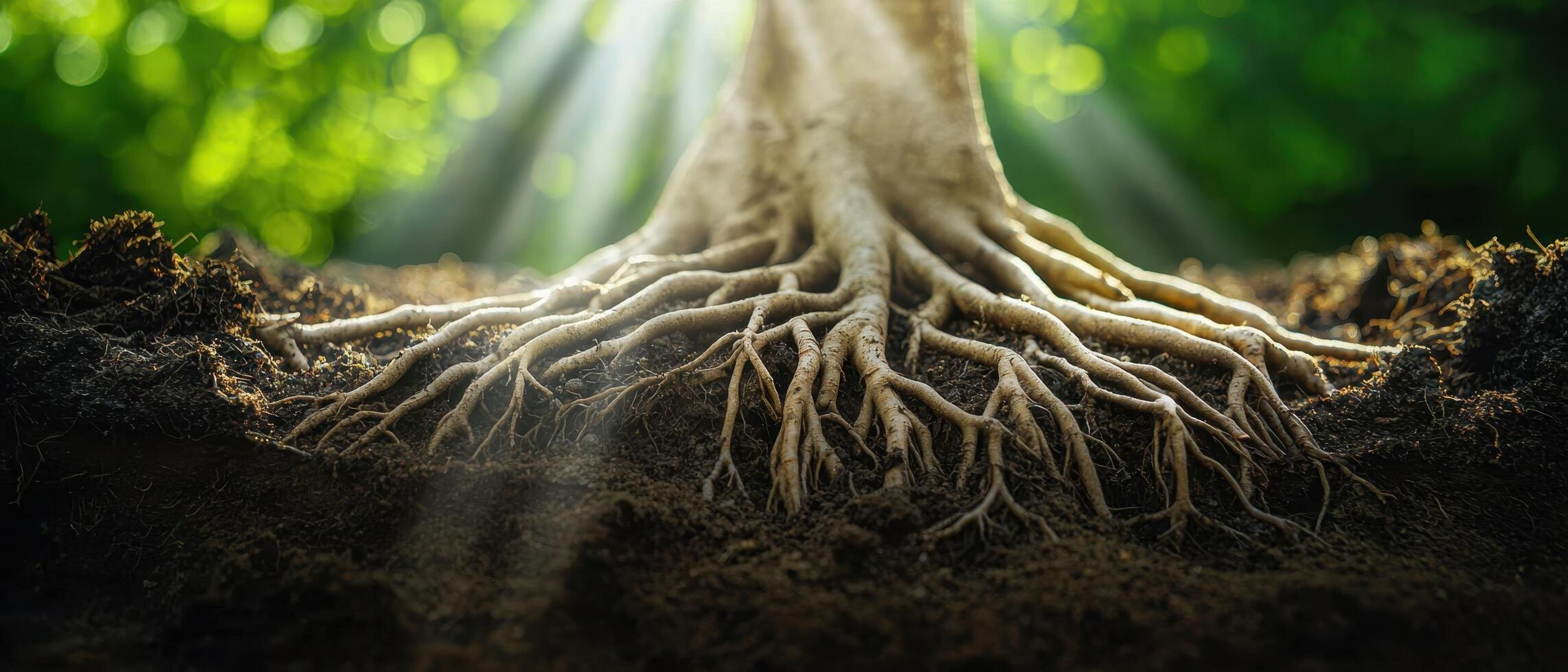 Intense macro shot of intertwined roots in moist soil nature close-up green environment natural light photo