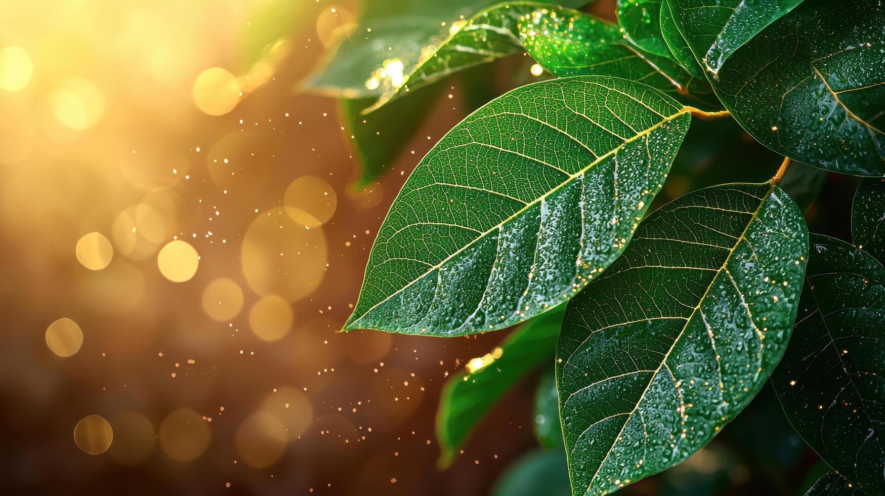 Glistening green leaves with dew drops nature close-up vibrant macro view sunlit environment botanical concept photo
