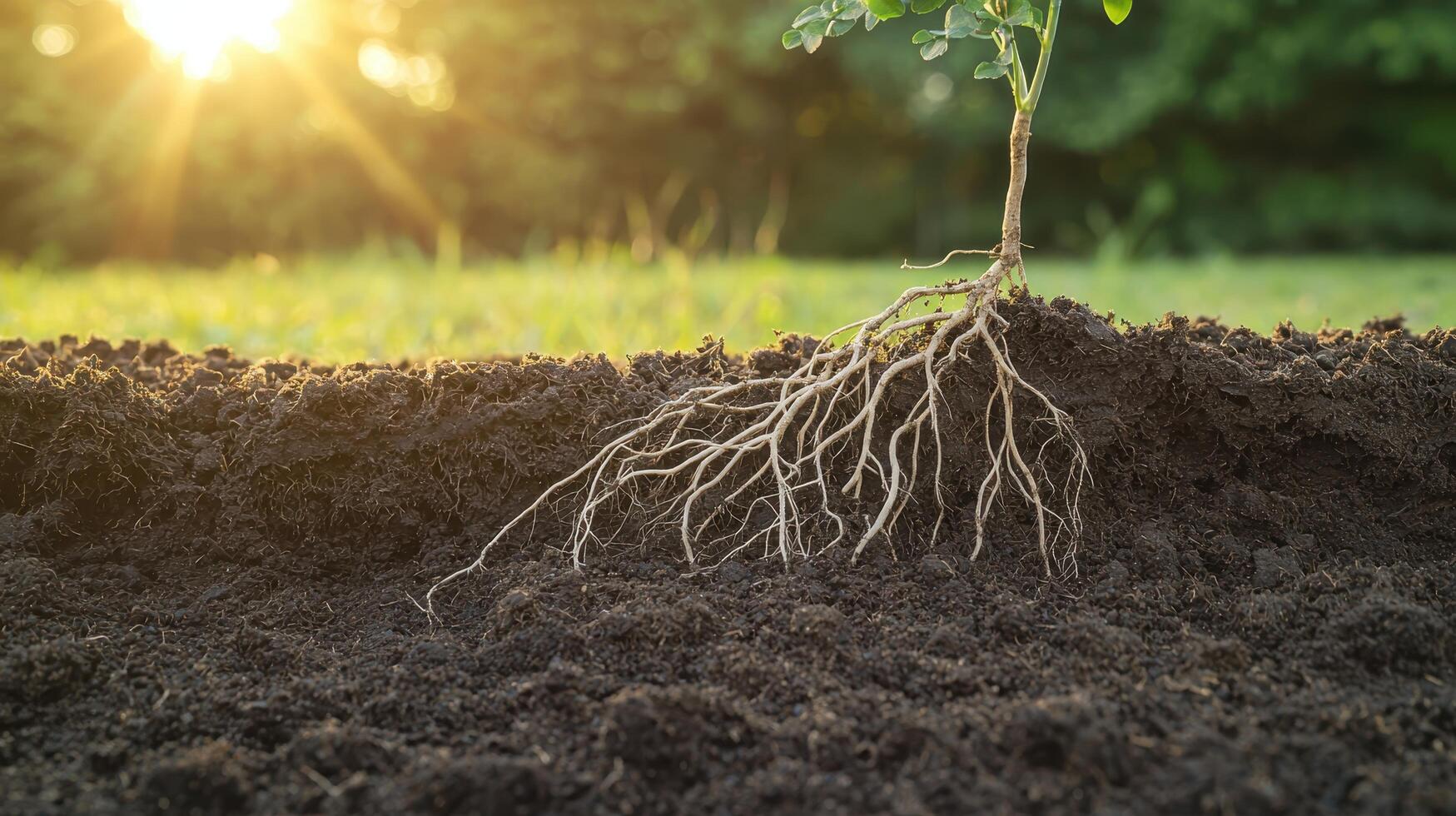 Plant growth action roots emerging from soil in nature macro view sunlit environment photo