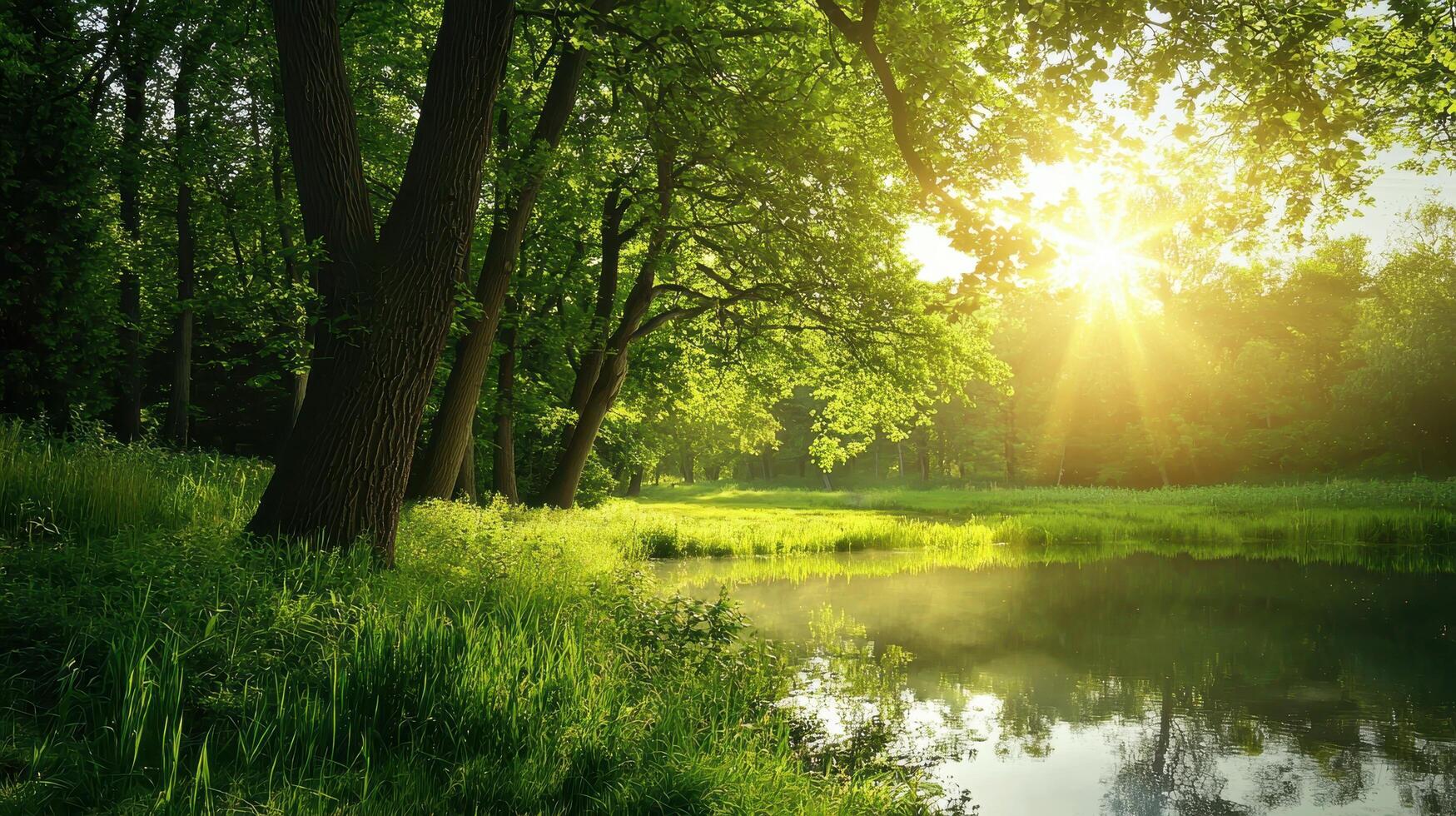 Tranquil forest scene at sunrise serene nature landscape photography lush green environment peaceful viewpoint photo