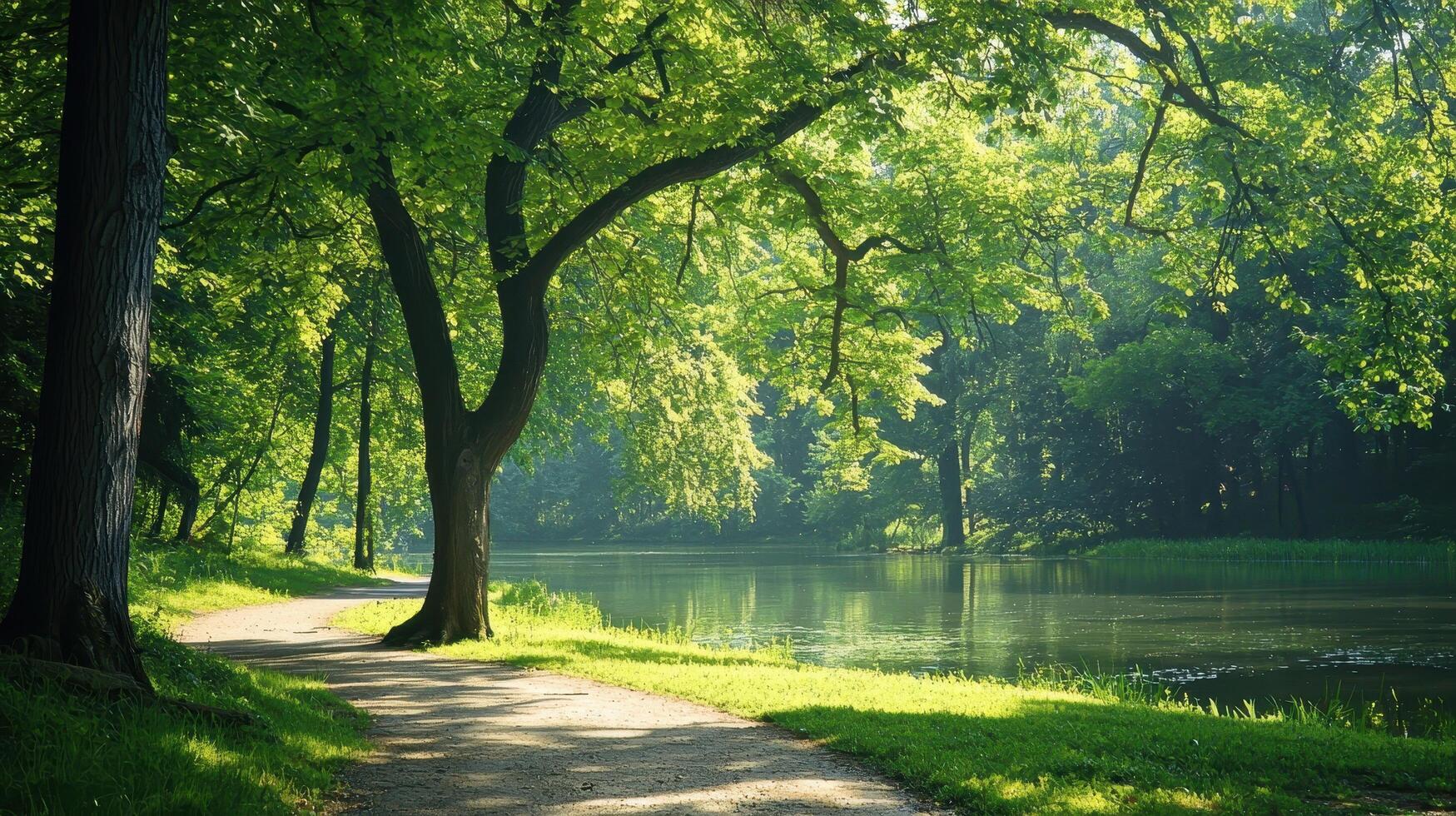 Serene nature walk by tranquil lake capturing lush greenery peaceful environment morning light photo