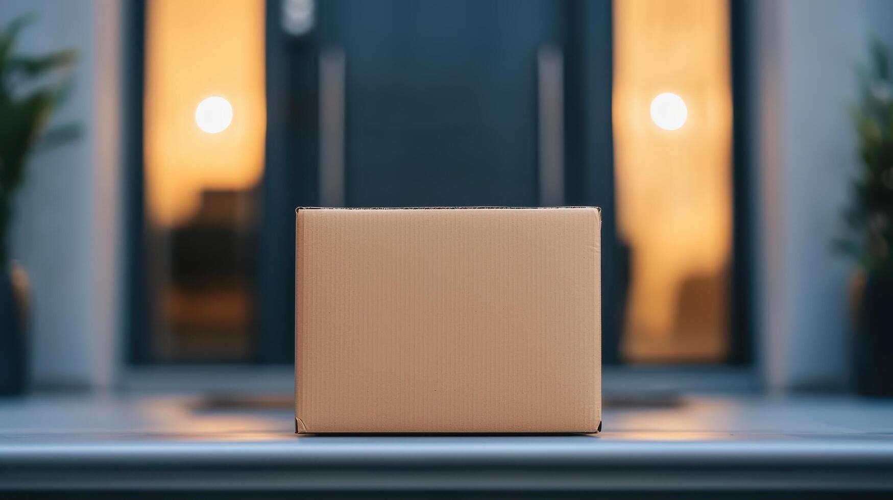 Plain cardboard box delivery at front door closeup view evening setting residential environment photo
