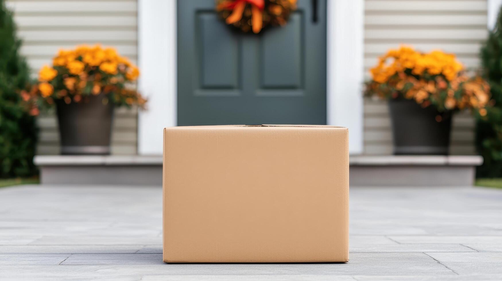Delivery package on front porch residential area still life image autumn decor ground level view home comfort photo